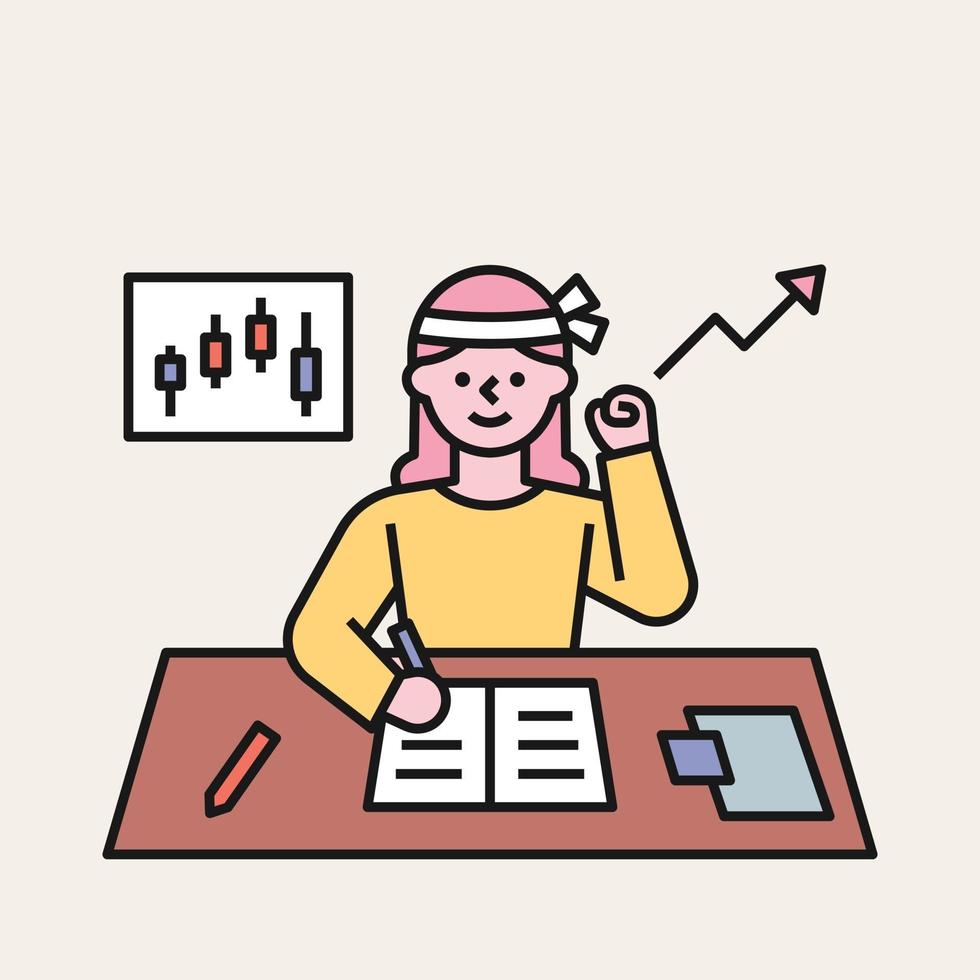 A woman is cheering herself while studying stock at her desk. flat design style minimal vector illustration.