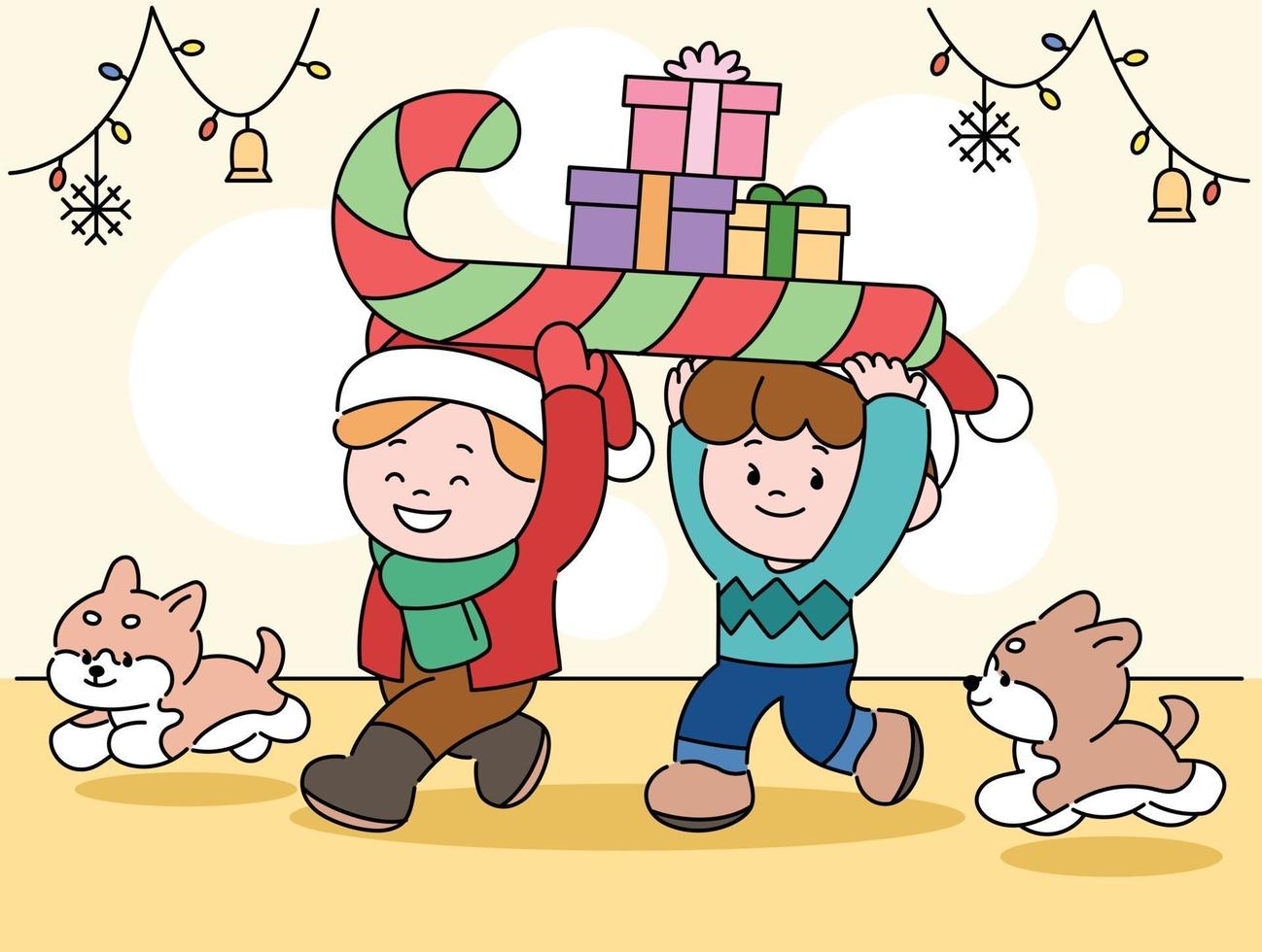 Cute children are carrying presents and puppies are following them. hand drawn style vector design illustrations.