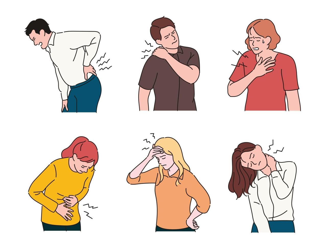 Pain in various places in the body. hand drawn style vector design illustrations.