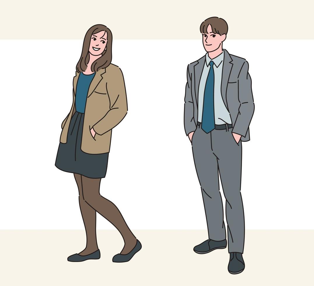 Male and female models in suits. hand drawn style vector design illustrations.