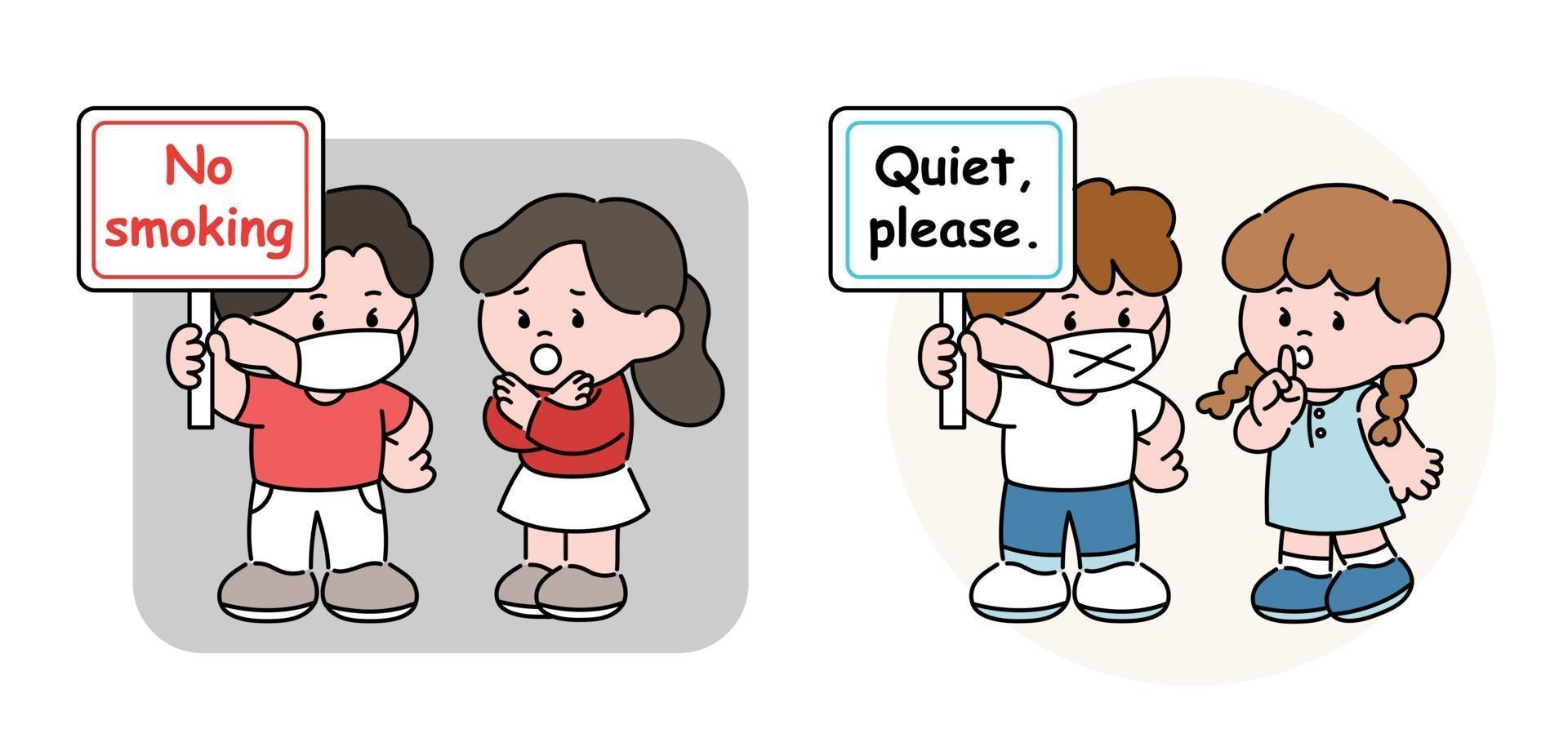 No smoking, please be quiet. Cute couples with message pickets. hand drawn style vector design illustrations.