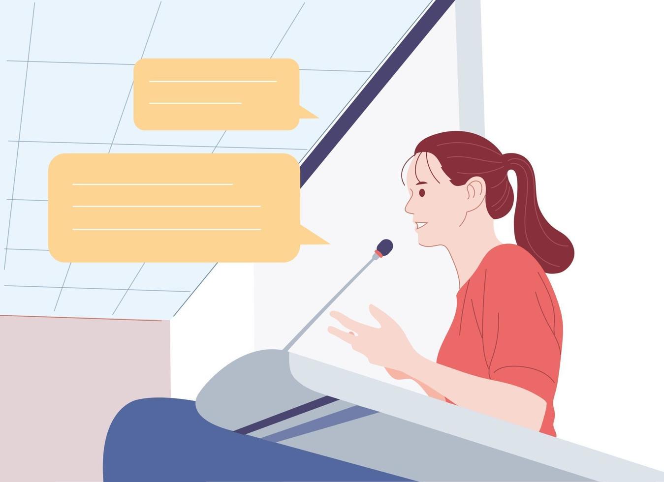 una mujer hablando en el podio. ilustraciones de diseño de vectores de estilo dibujado a mano.