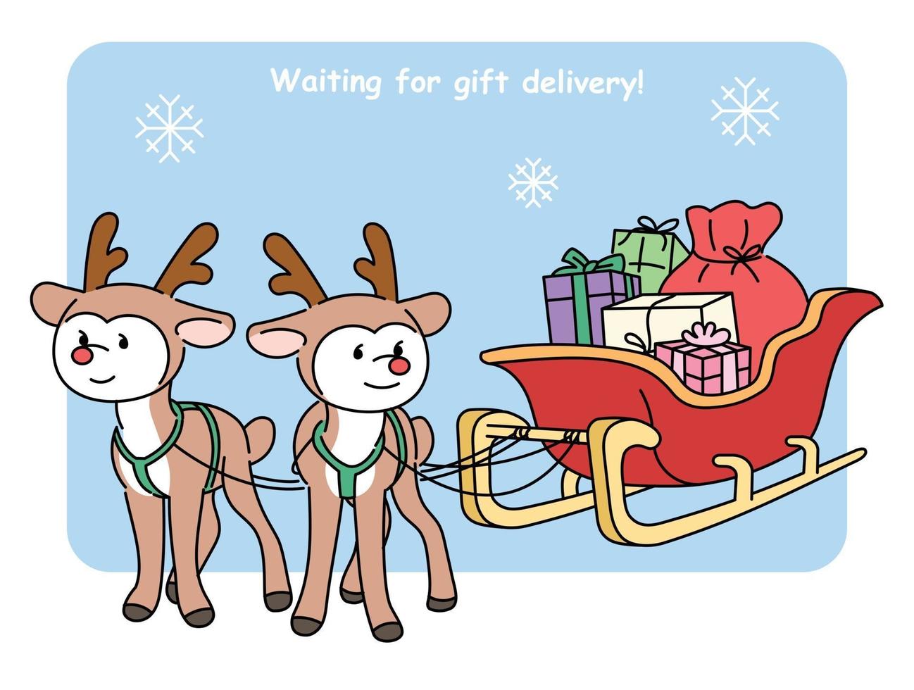 Cute reindeer character and santa's sleigh with gifts. Christmas card. hand drawn style vector design illustrations.
