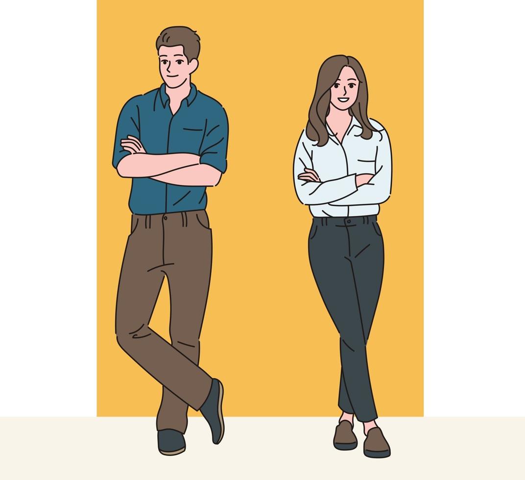 hombre y mujer de pie en una pose de confianza. ilustraciones de diseño de vectores de estilo dibujado a mano.