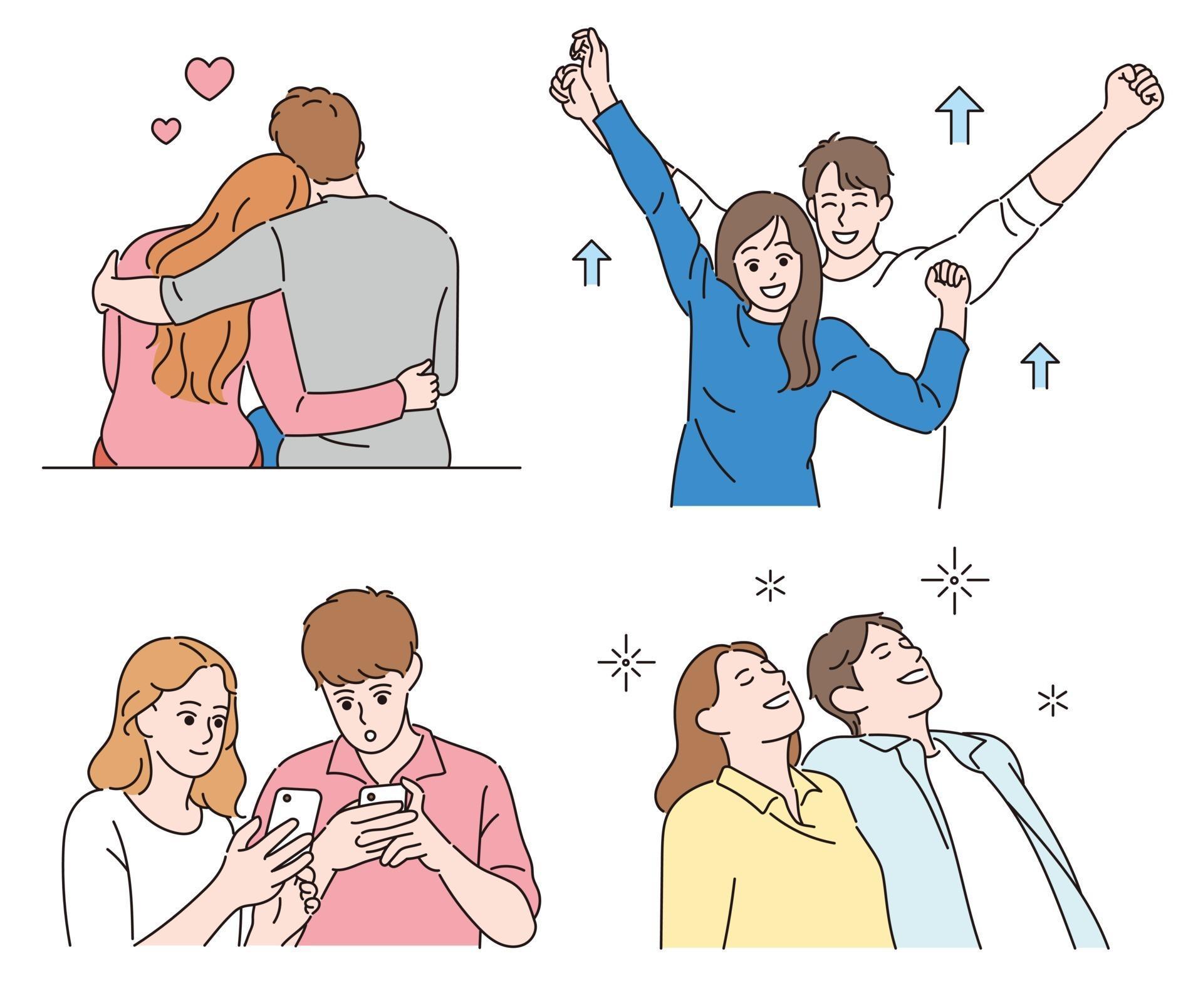 Various poses of couples. hand drawn style vector design illustrations