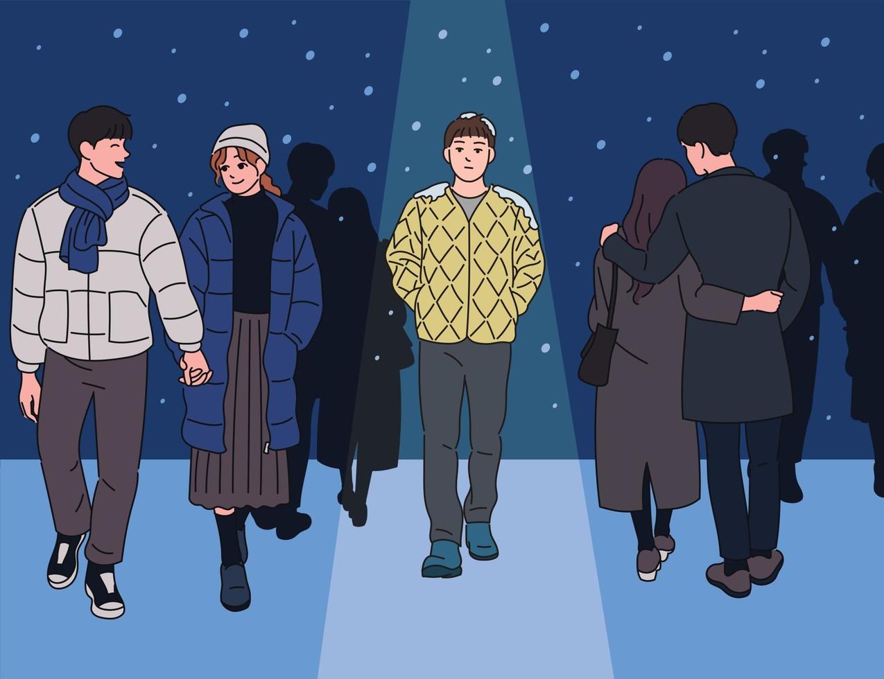 A man walking alone in a snowy night among couples. hand drawn style vector design illustrations.