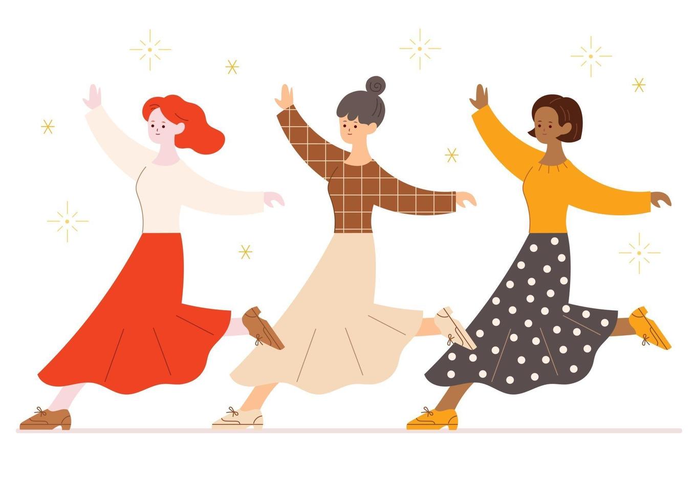 Three friends are dancing in skirts. hand drawn style vector design illustrations.