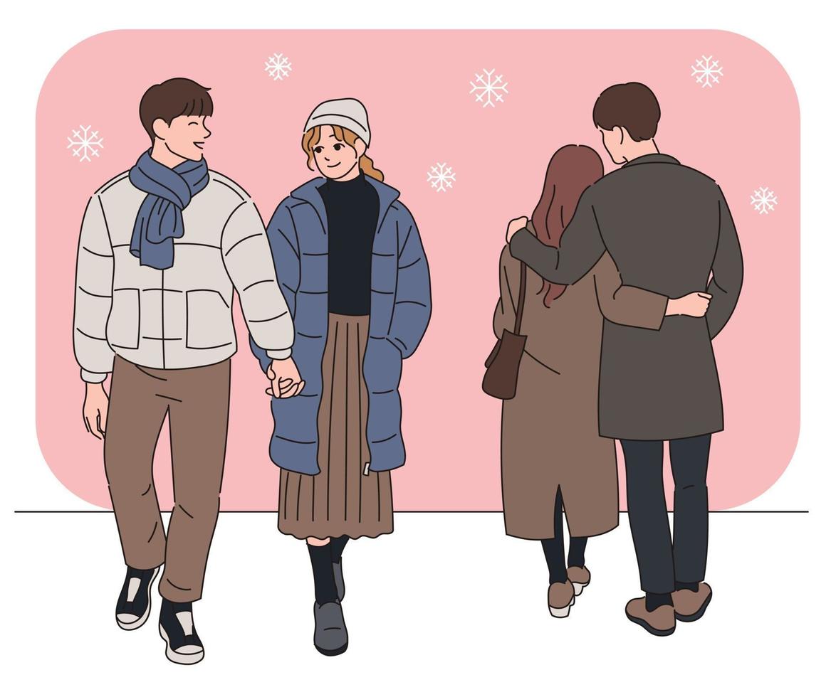 parejas románticas en calles nevadas. ilustraciones de diseño de vectores de estilo dibujado a mano.