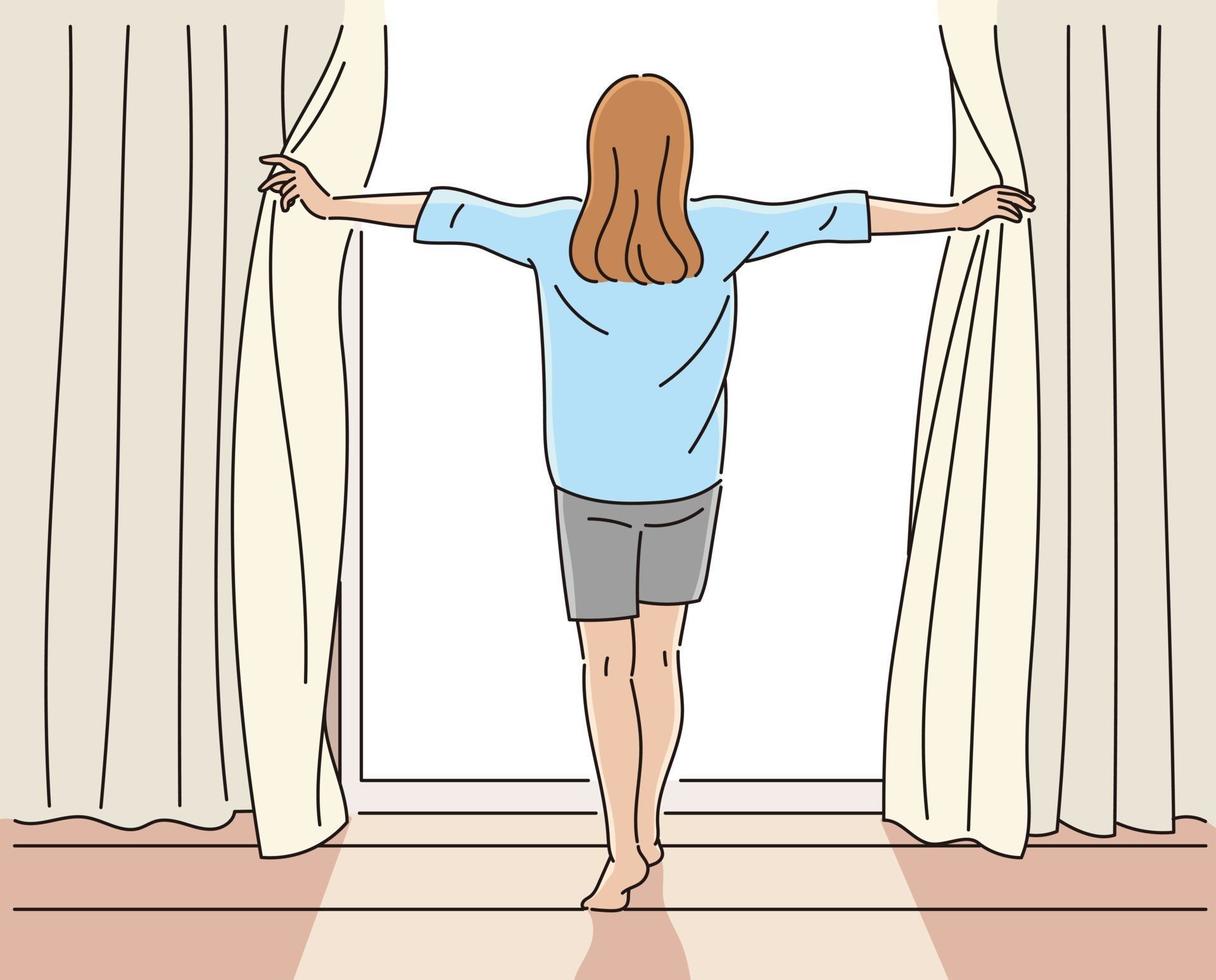 una mujer abre las cortinas de par en par. ilustraciones de diseño de vectores de estilo dibujado a mano.