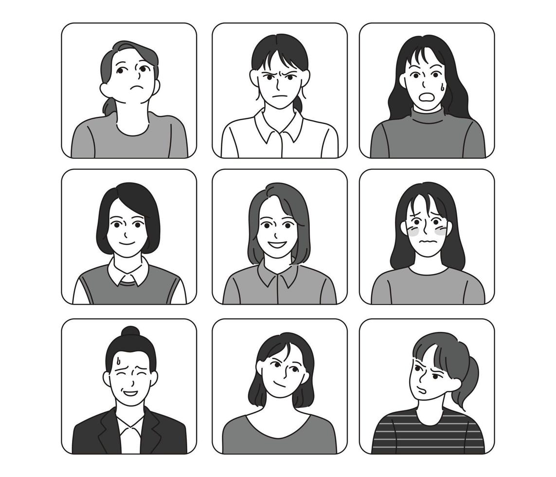 rostro de mujer con diversas expresiones. ilustraciones de diseño de vectores de estilo dibujado a mano.