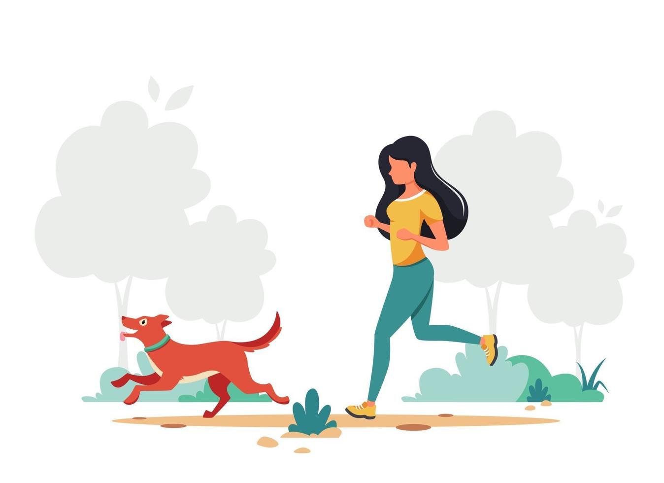 mujer corriendo con perro. actividad al aire libre. ilustración vectorial. vector