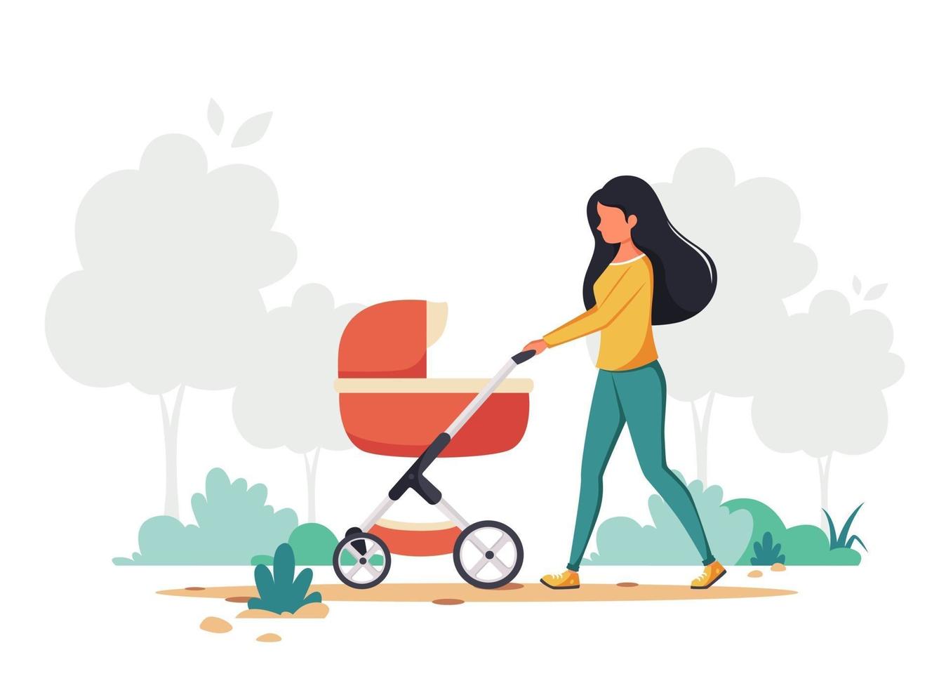 mujer caminando con cochecito de bebé. actividad al aire libre. ilustración vectorial. vector
