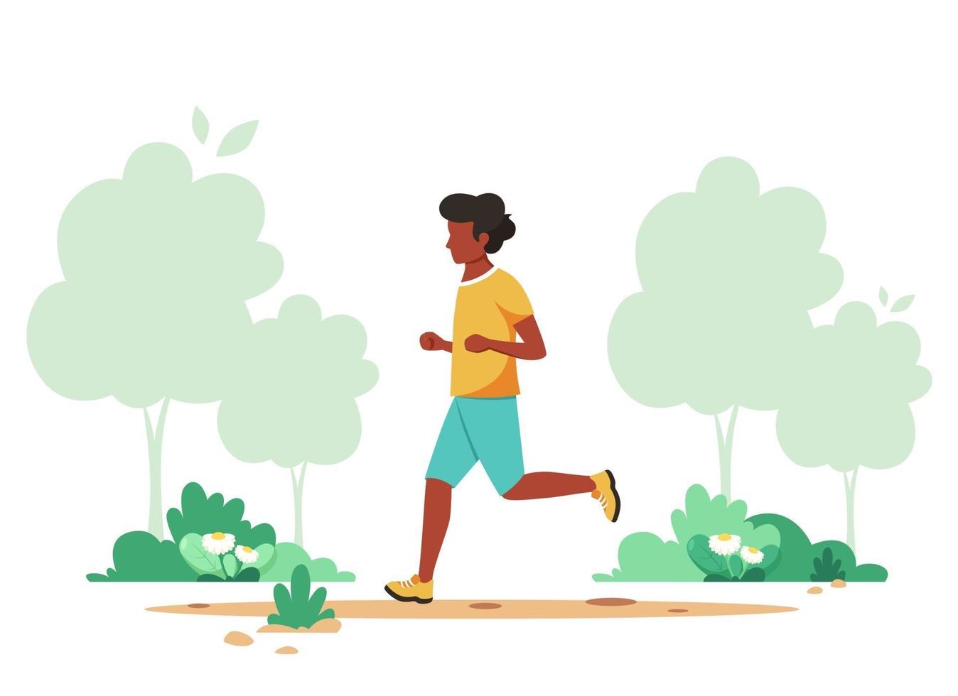 Black man jogging in spring park. Outdoor activity, healthy lifestyle. Vector illustration.