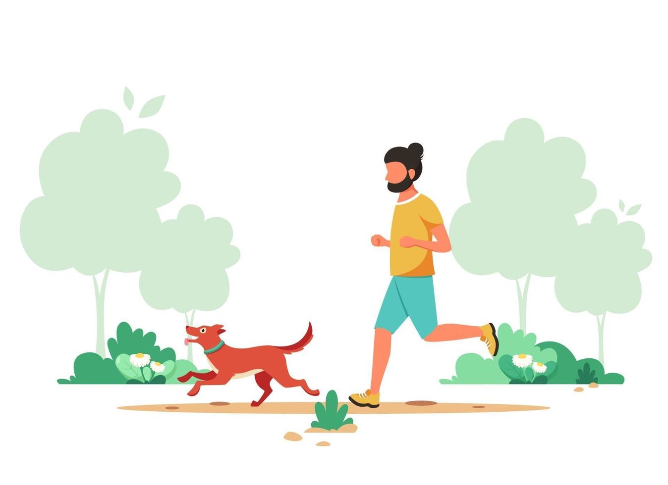 Man jogging in spring park with dog. Outdoor activity, dog walking. Vector illustration.
