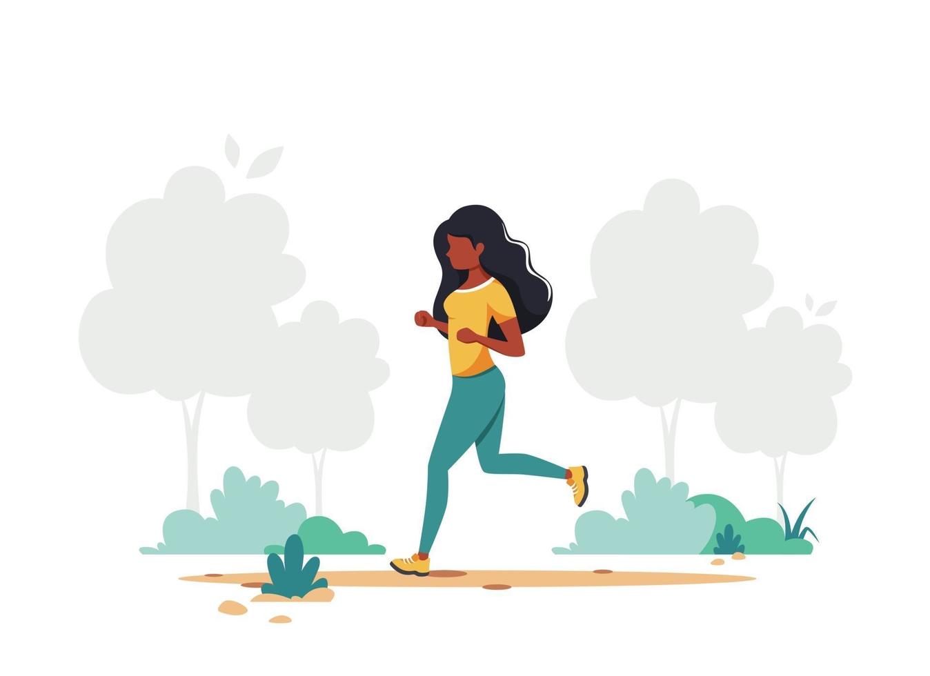 mujer negra corriendo en el parque. estilo de vida saludable, deporte, concepto de actividad al aire libre. ilustración vectorial. vector