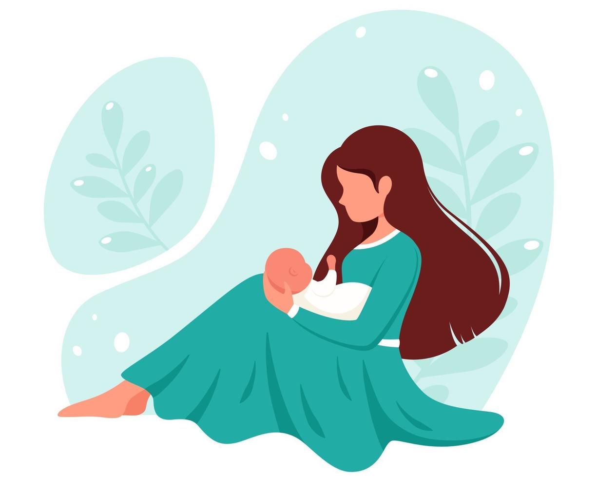 Woman sitting with baby. Motherhood, parenting concept. Mother's Day. Vector illustration.