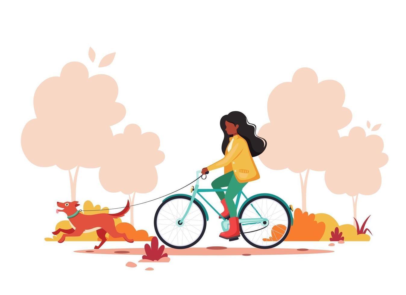 mujer negra montando bicicleta con perro en el parque de otoño. estilo de vida saludable, concepto de actividad al aire libre. ilustración vectorial. vector