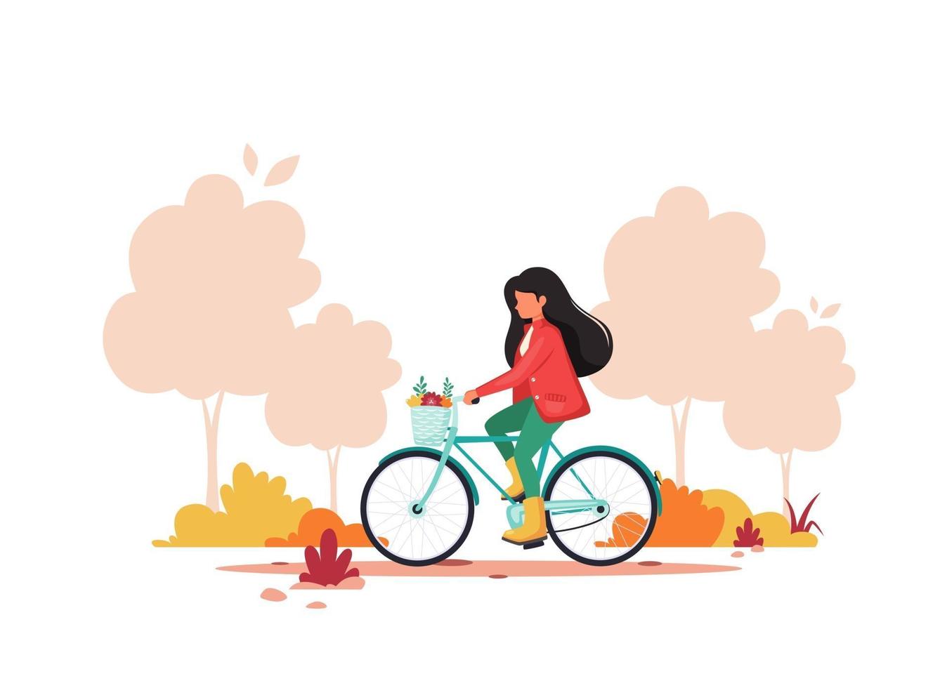 Woman riding bike in autumn park. Healthy lifestyle, sport, outdoor activity concept. Vector illustration.