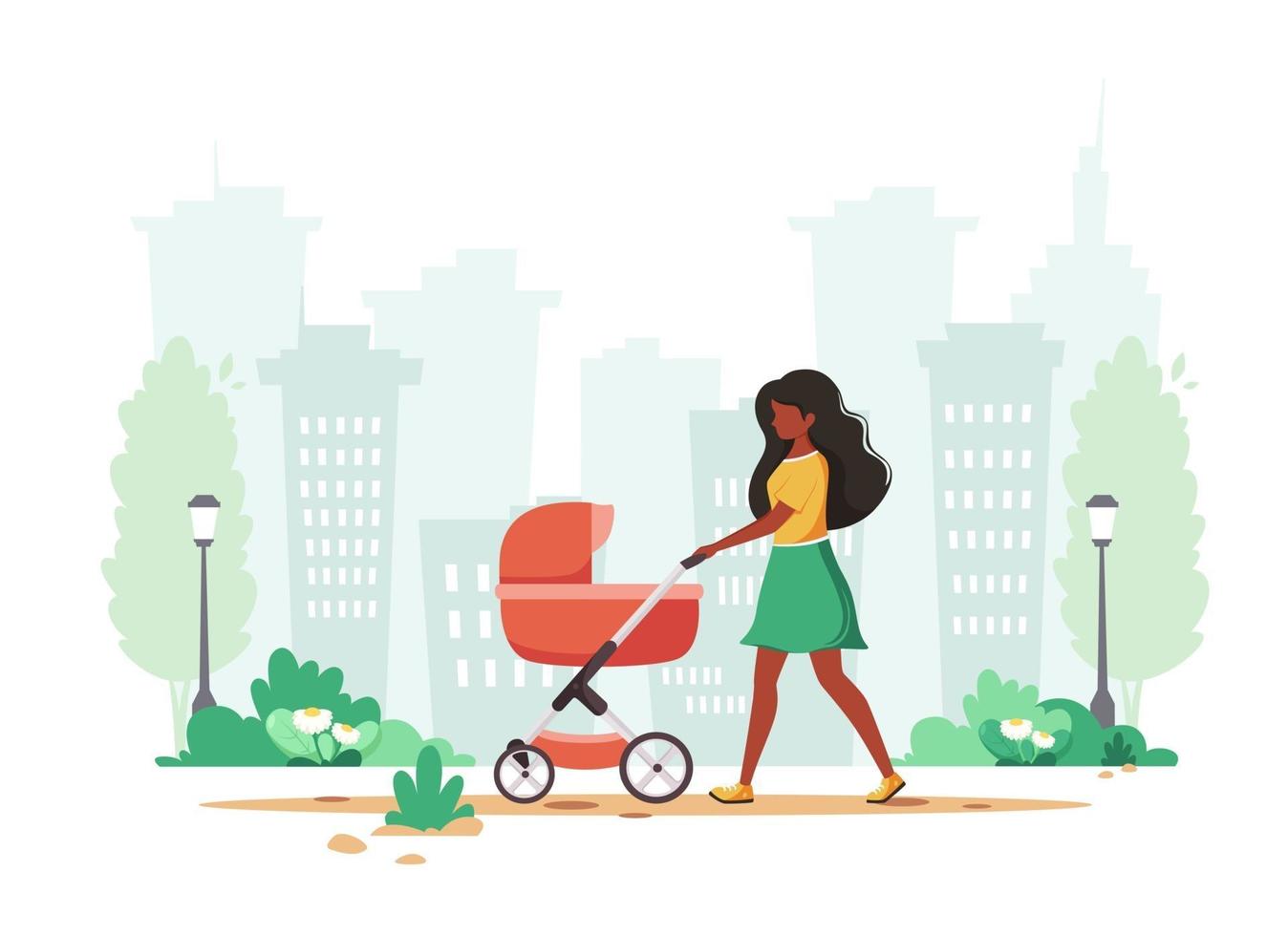 Black woman walking with baby carriage in spring. Outdoor activity. Vector illustration.