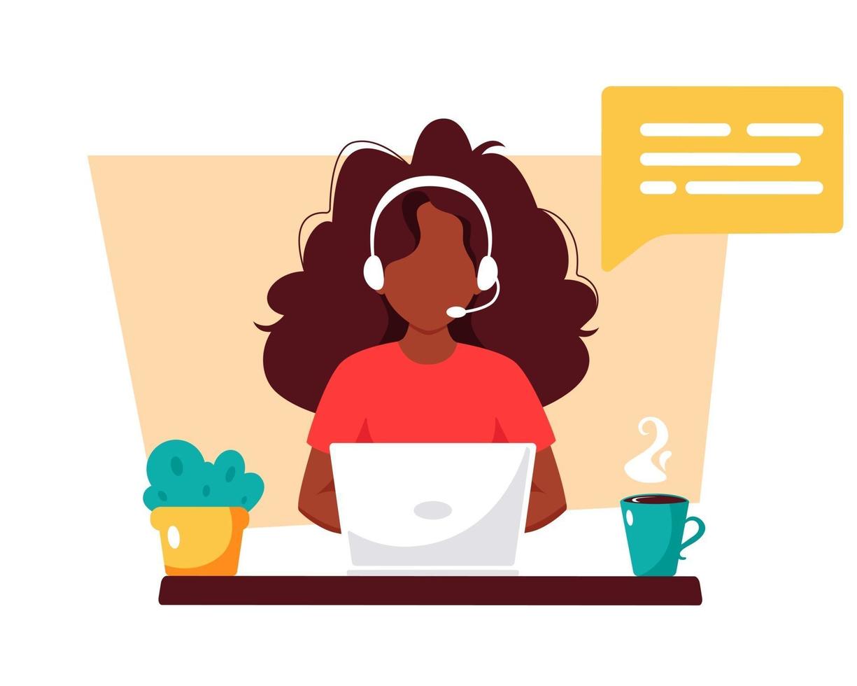 mujer negra con auriculares trabajando en equipo. servicio al cliente, asistente, soporte, concepto de centro de llamadas. ilustración vectorial. vector