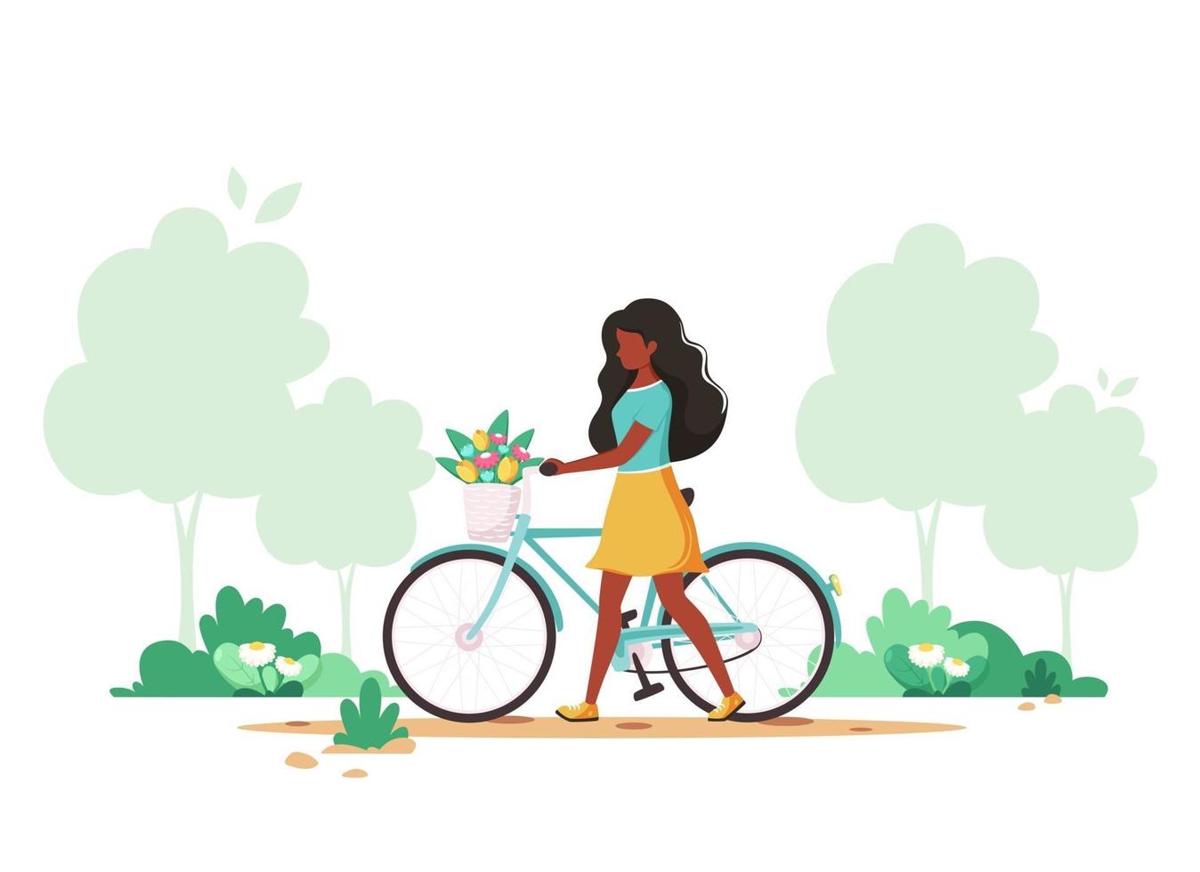 Black woman with a bike with flowers in the basket. Springtime. Vector illustration.