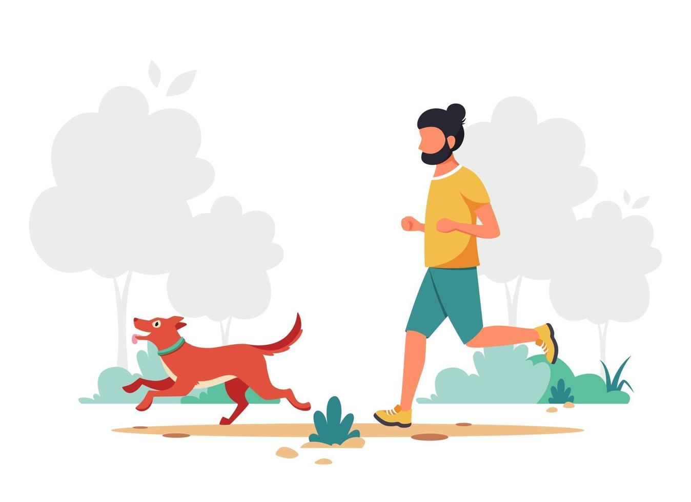 Man jogging with dog. Outdoor activity. Vector illustration.