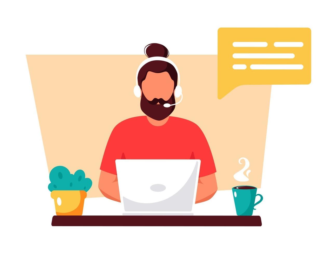 Man with headphones working on computer. Customer service, assistant, support, call center concept. Vector illustration.