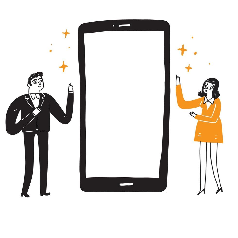 Ilustración de hombre y mujer para guiar la pantalla del teléfono inteligente. vector