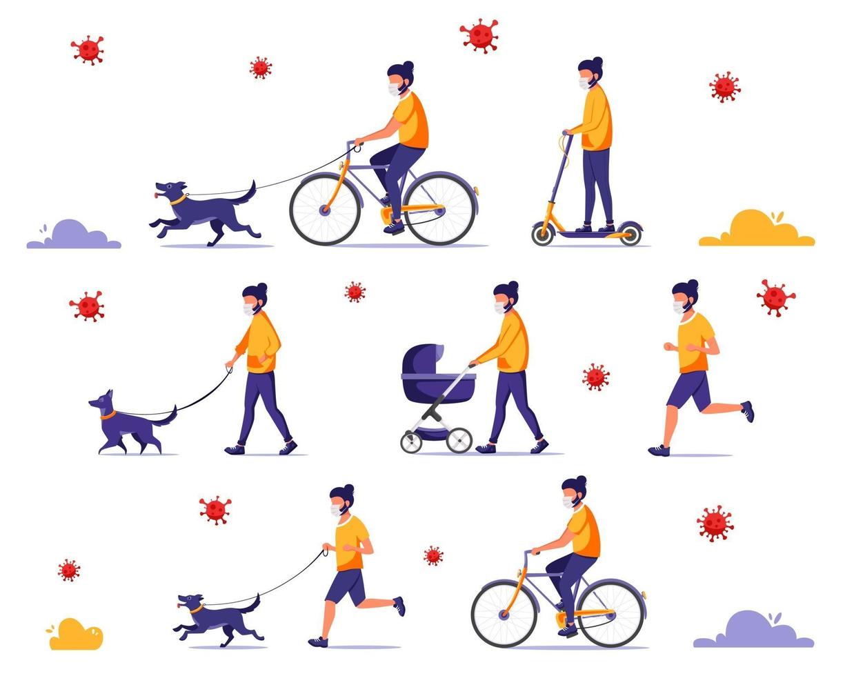 hombre haciendo actividades al aire libre durante la pandemia. caminar con perro, andar en bicicleta, trotar. hombre en mascarilla. ilustración vectorial vector