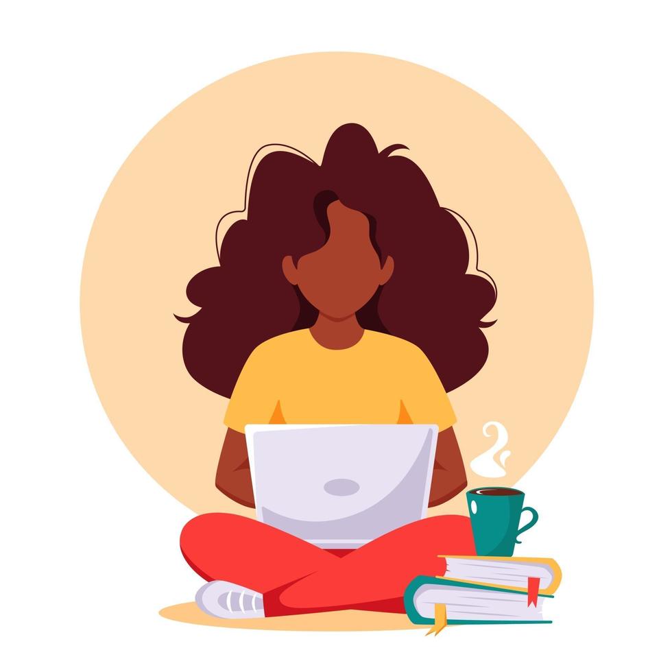 Black woman working on laptop. Freelance, remote working, online studying, work from home concept. Vector illustration