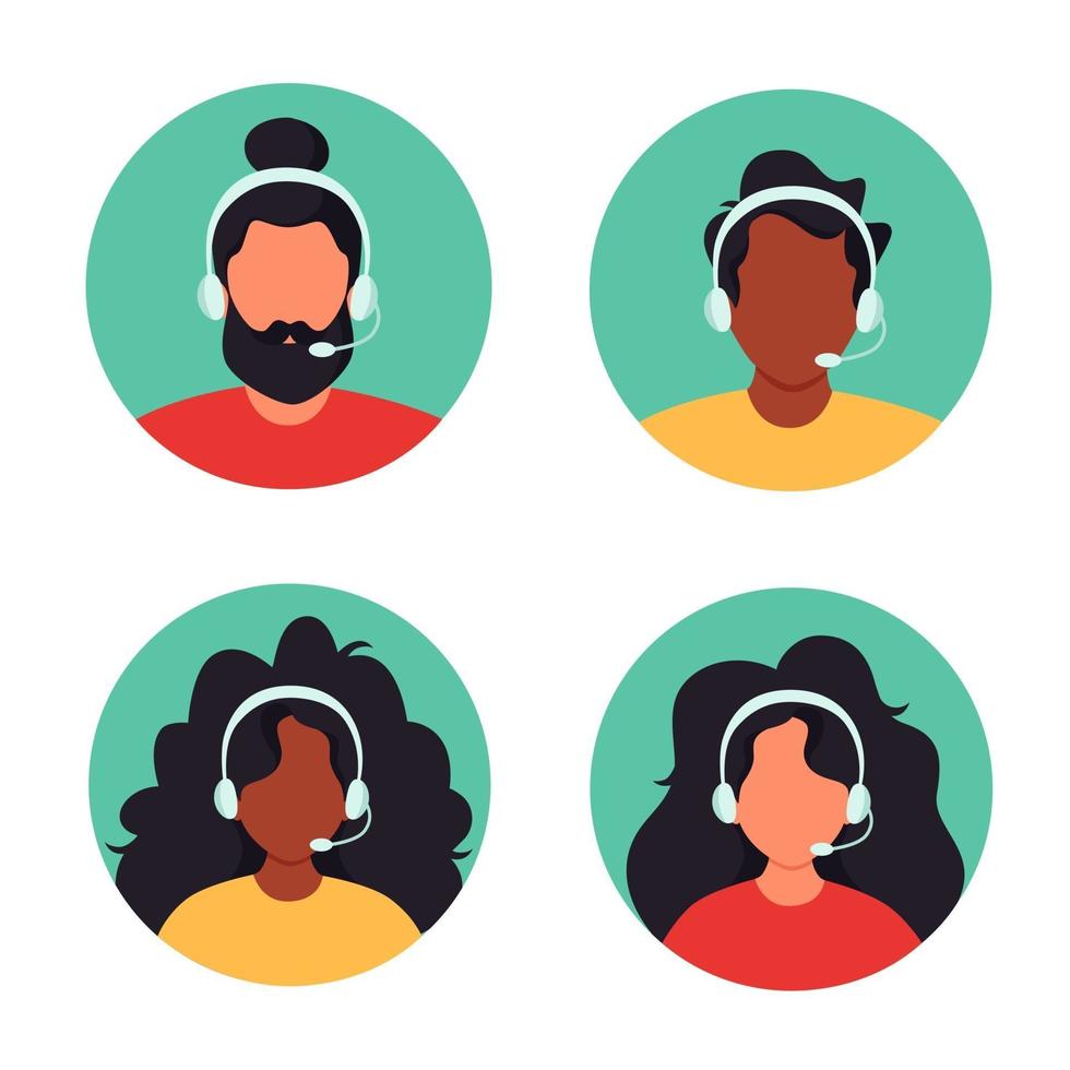 personas con auriculares. servicio al cliente, asistente, soporte, concepto de centro de llamadas. ilustración vectorial. vector