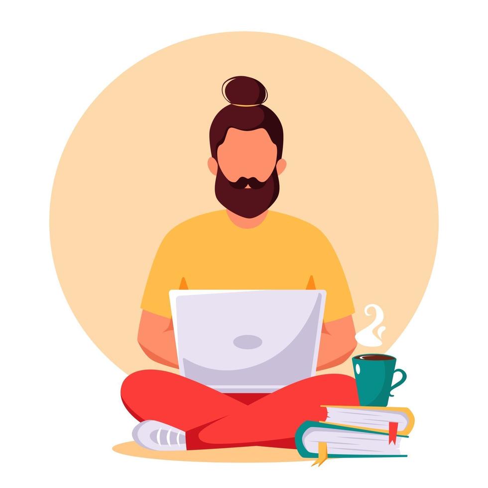 Man working on laptop. Freelance, remote working, online studying, work from home concept. Vector illustration in flat style.