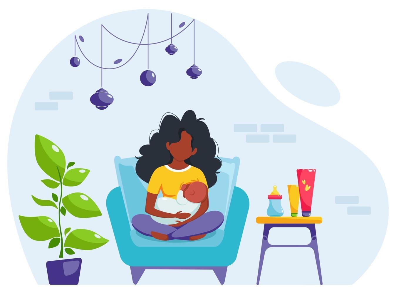 concepto de lactancia materna. mujer negra alimentando a un bebé con pecho, sentado en un sillón. día mundial de la lactancia materna. ilustración vectorial vector