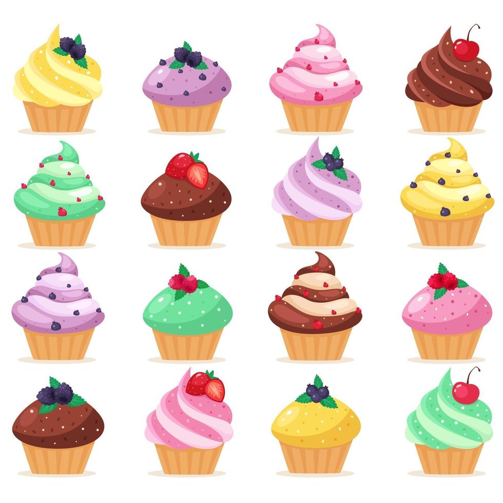 Big set of cupcakes. Sweet pastries decorated with cherry, raspberry, strawberry, blueberry. Vector illustration