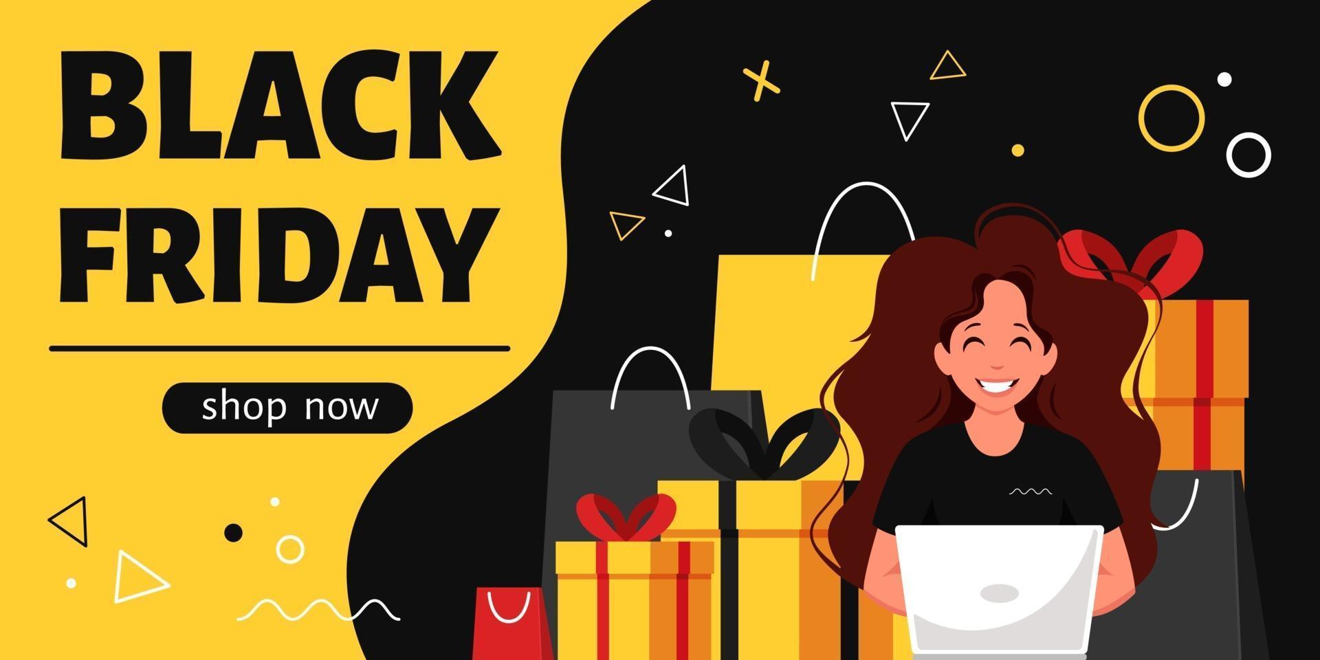 Black friday banner. Woman with laptop doing online shopping. Vector illustration