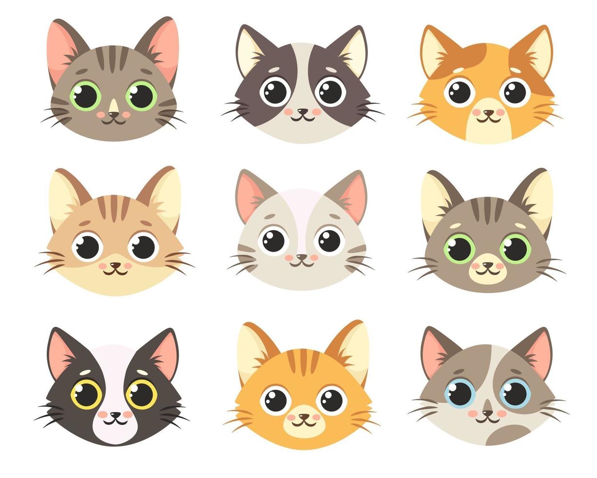 Cute cats collection. Cats faces. Vector illustration