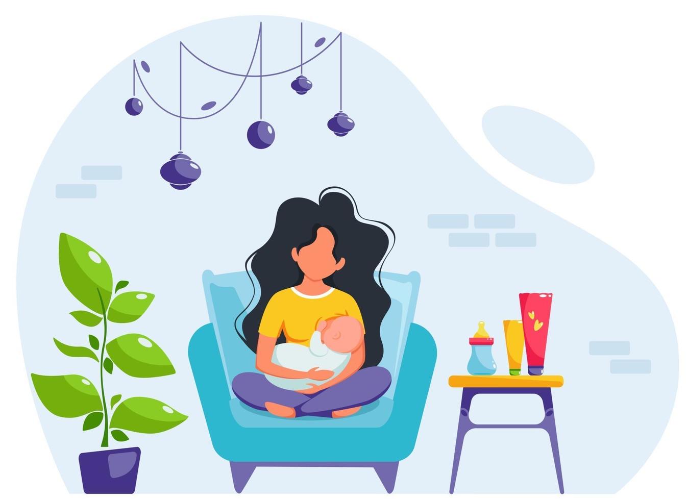 Breastfeeding concept. Woman feeding a baby with breast, sitting on armchair. World breastfeeding day. Vector illustration