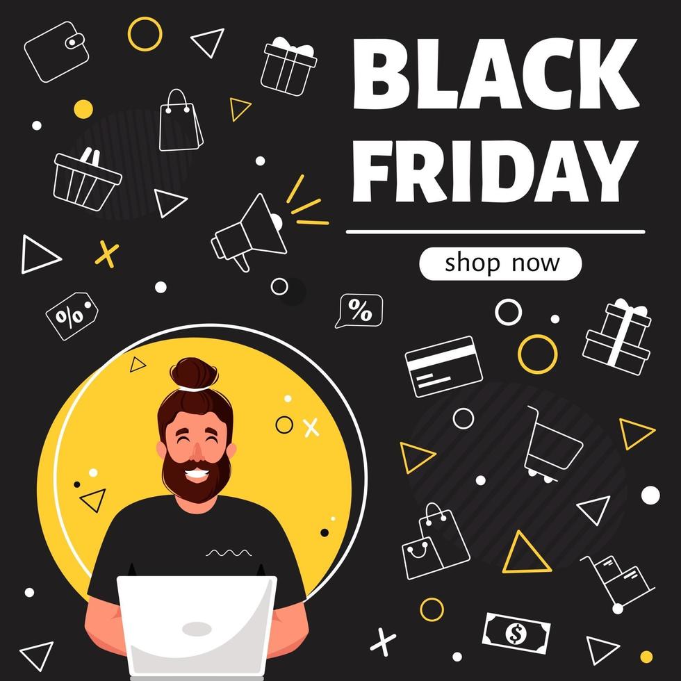 Black friday banner. Man with laptop doing online shopping. Vector illustration