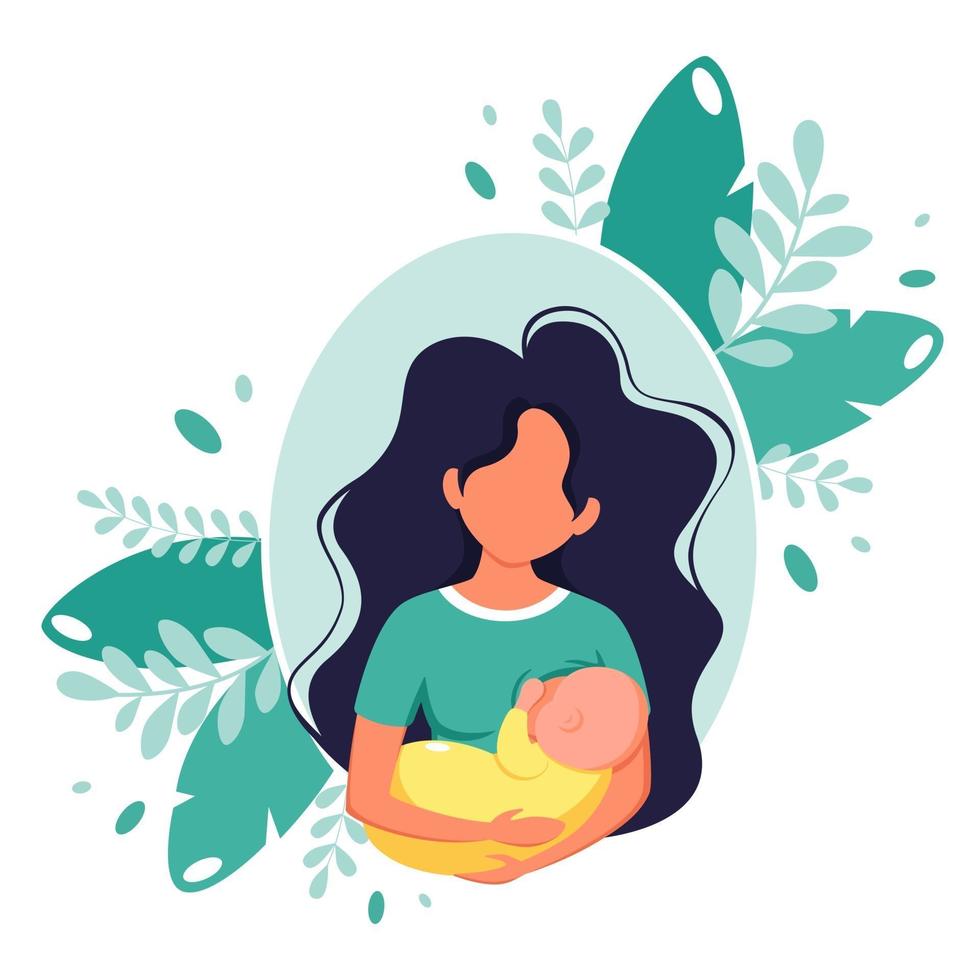 Breastfeeding concept. Woman feeding a baby with breast. World breastfeeding day. Vector illustration