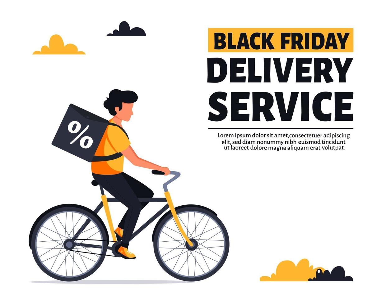 servicio de entrega de viernes negro. mensajero montando bicicleta. ilustración vectorial vector
