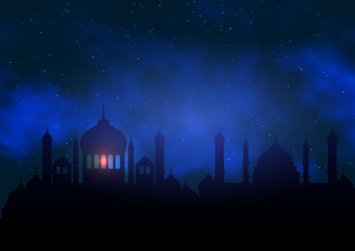 Fondo de Ramadán Kareem con silueta de mezquita contra el cielo nocturno vector