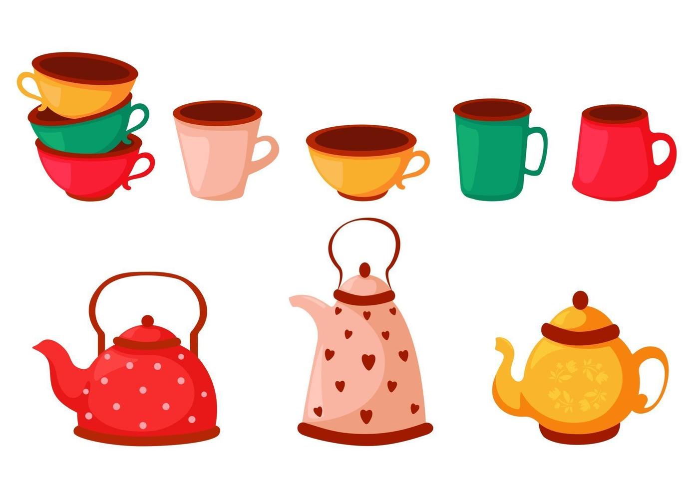 Set of colorful tea cups, coffee cups and kettles. Dishes set. Vector illustration