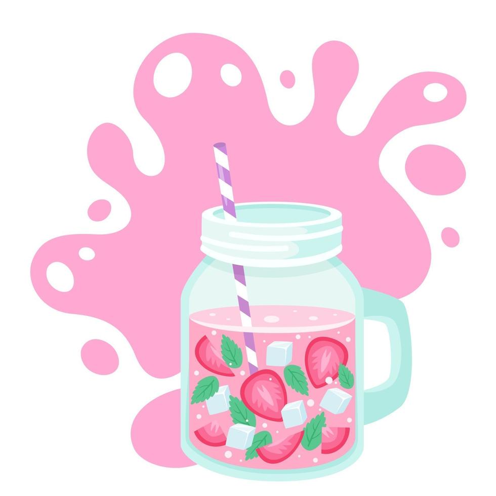 Detox water with strawberry slices, ice cubes, mint in jar. Healthy lifestyle. Detox drink. Vector illustration.