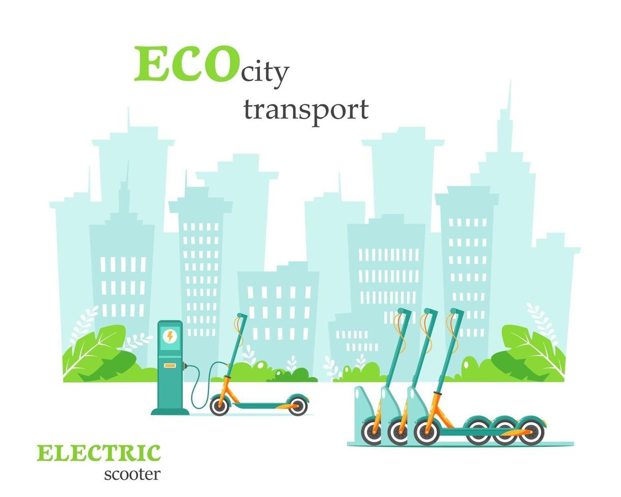 Eco city transport. Electric scooter at charging station. Electric scooter rental. Green environment concept. Vector illustration