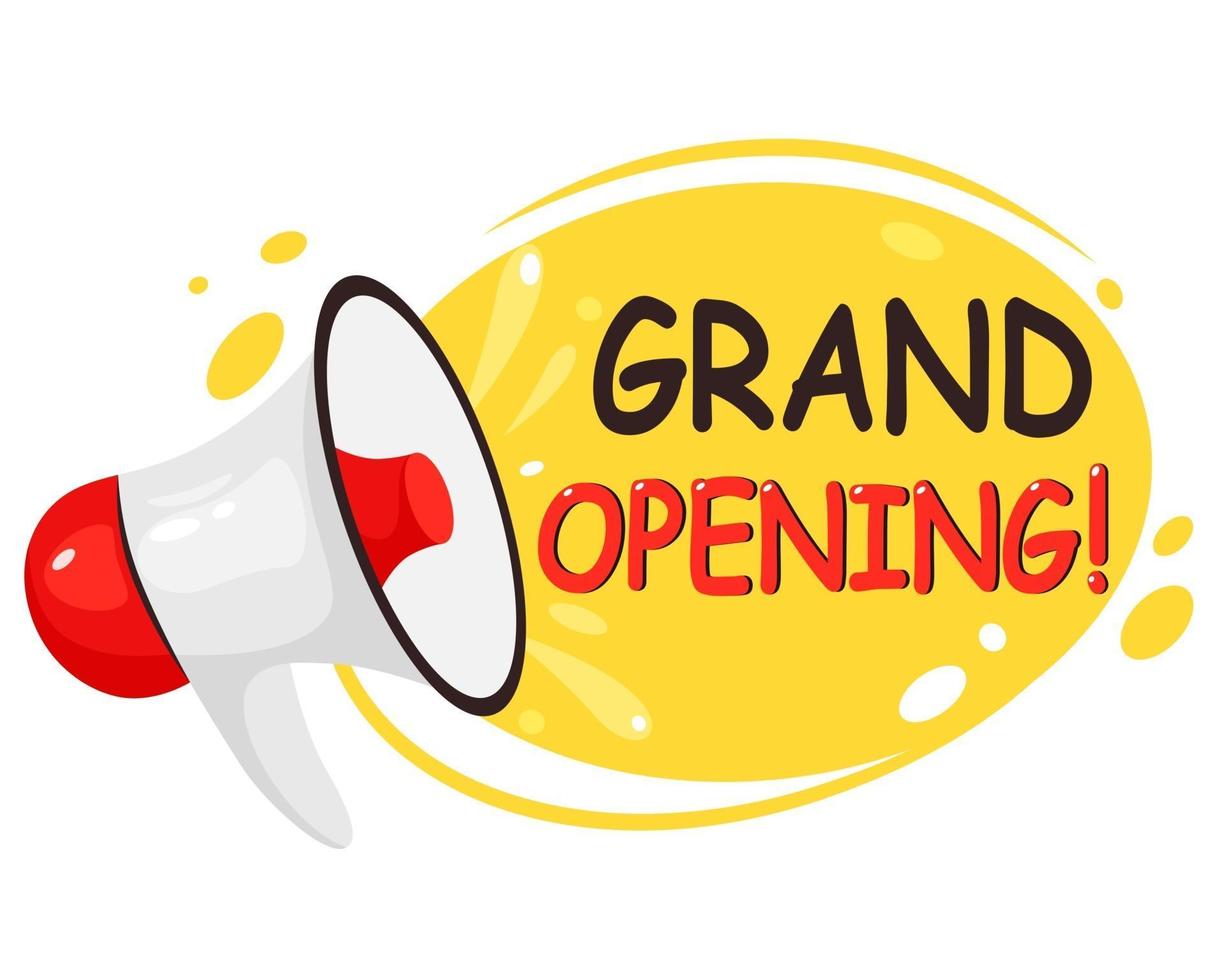 Grand opening, re-opening, we are open banner. Invitation posters with megaphone speaker. Vector illustration.