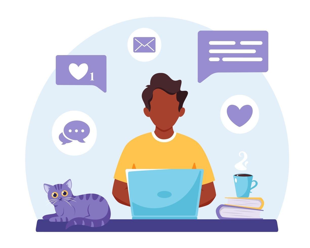 Black man working on laptop. Freelance, online studying, remote work concept. Vector illustration