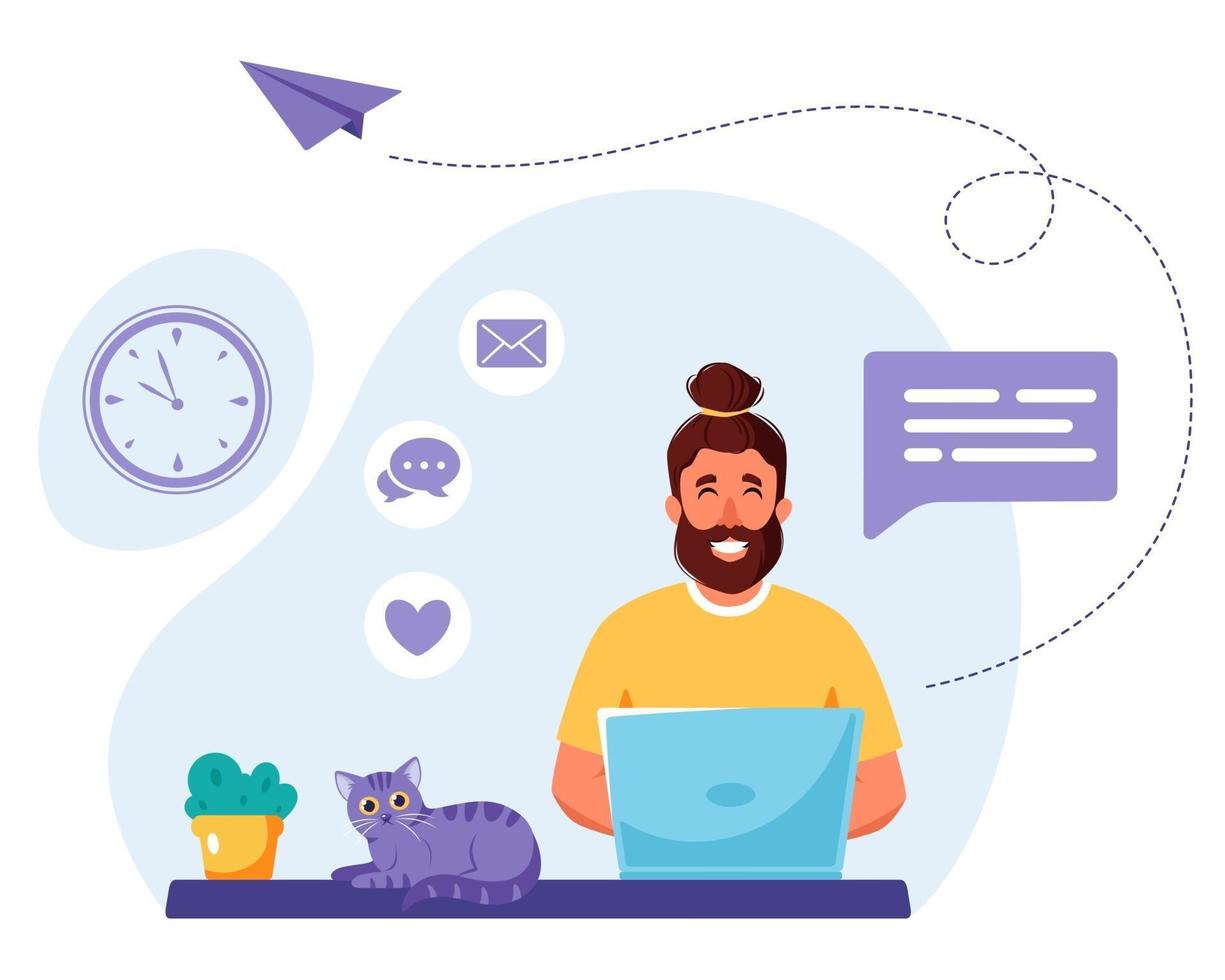 Man working on laptop. Freelance, online studying, remote work concept. Vector illustration