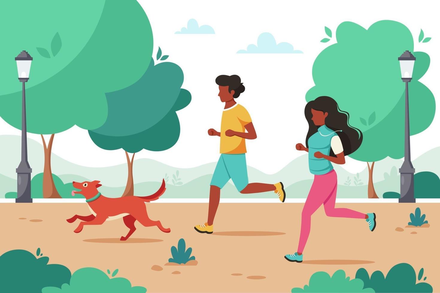 Black man and black woman jogging in the park with dog. Outdoor activity. Vector illustration