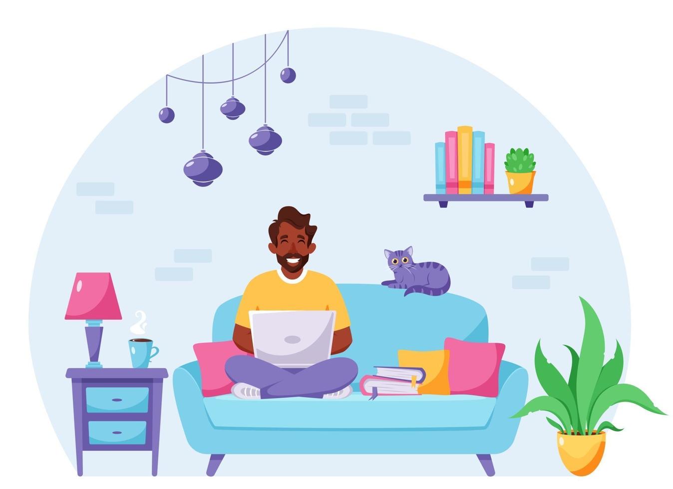 Black man sitting on a sofa and working on laptop. Freelancer, home office concept. Vector illustration