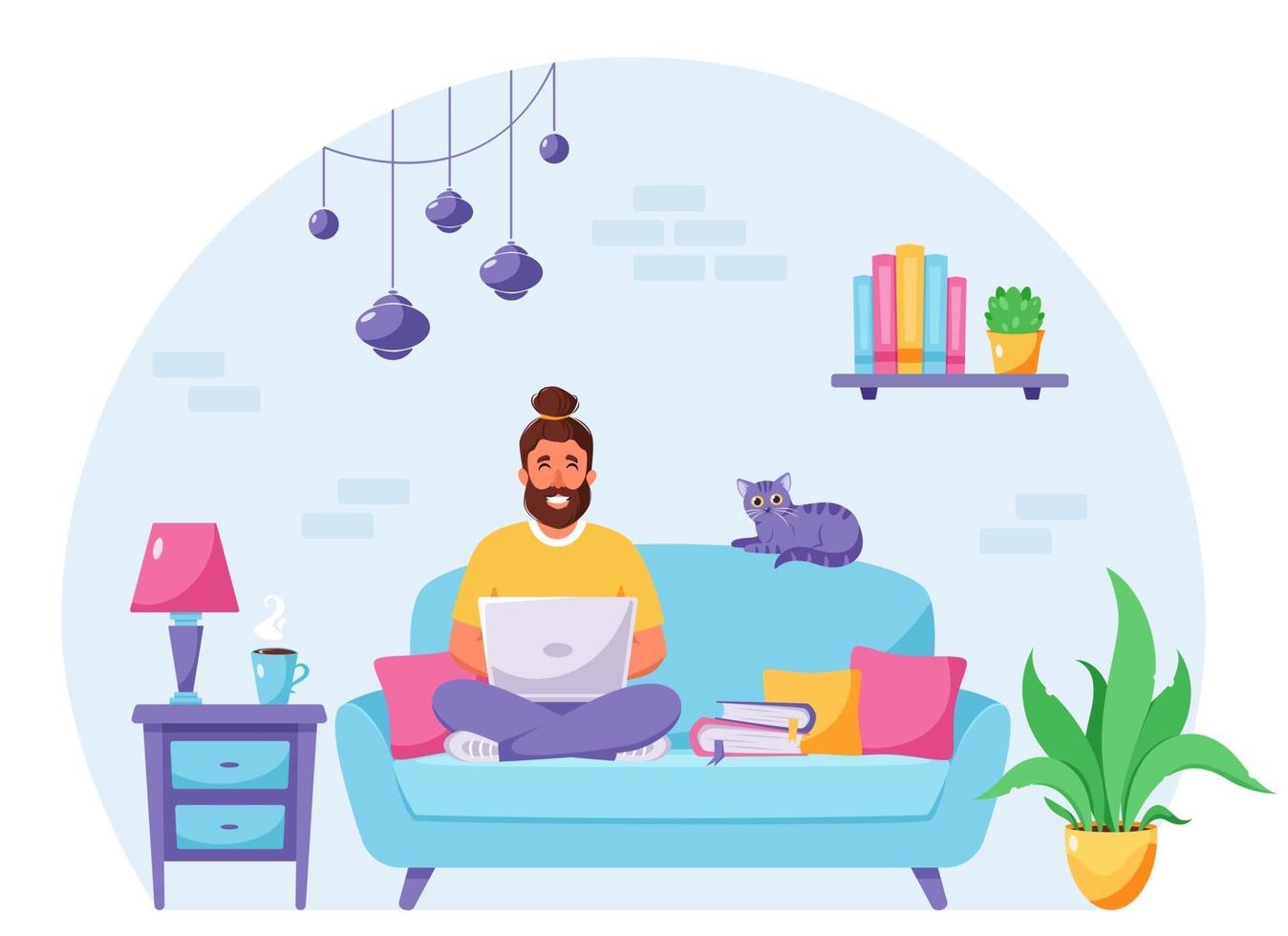 Man sitting on a sofa and working on laptop. Freelancer, home office concept. Vector illustration